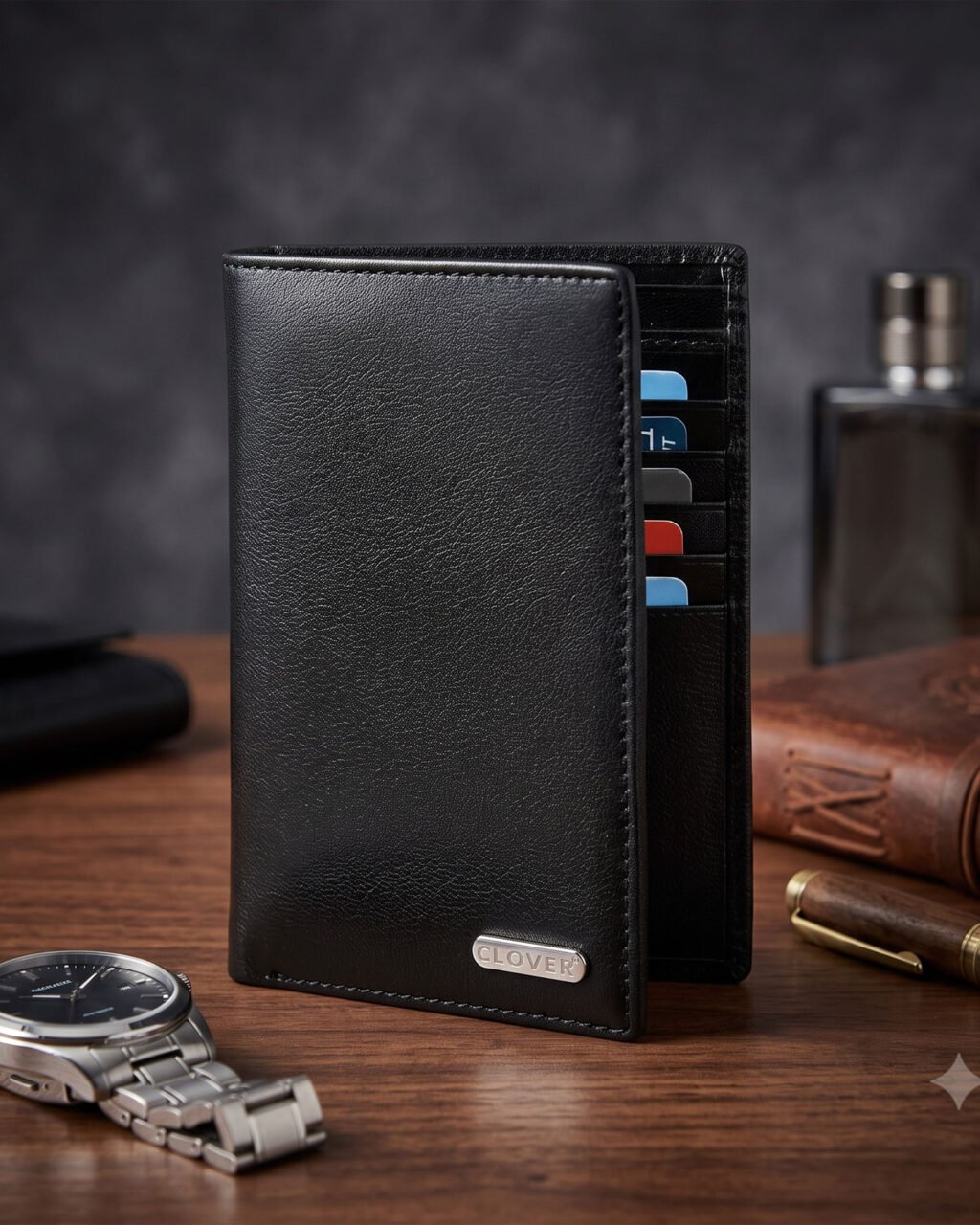 Men's Wallet, Full Grain Leather, Note Case, 10 Card Slots with Passport Pocket, RFID Protected | Clover