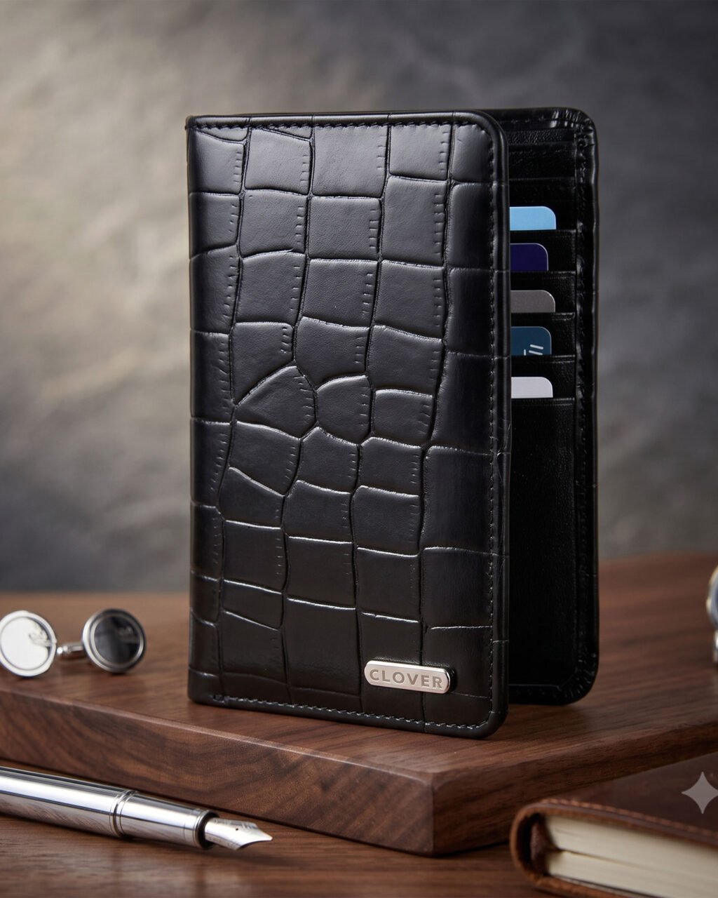 Men's Wallet, Full Grain Leather, Note Case, 10 Card Slots, 1 Passport Pocket, RFID Protected | Clover