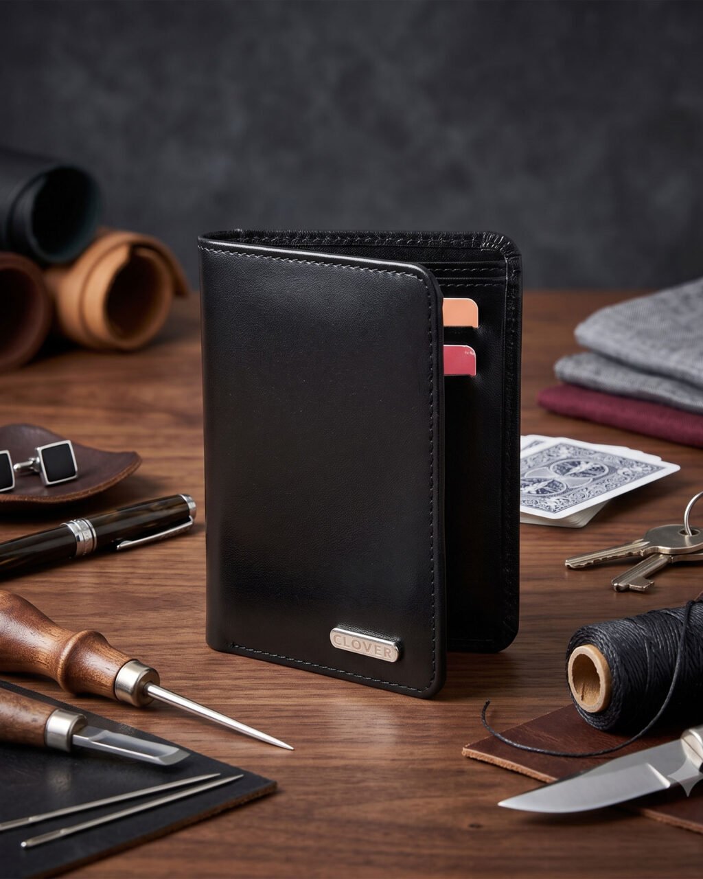Men's Wallet, Full Grain Leather, Note Case, 4 Card Slots, RFID Protected | Clover