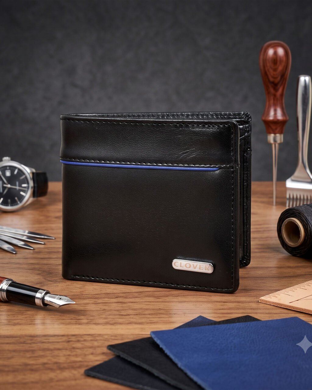 Men's Wallet, Full Grain Leather, Bi-Fold, 6 Card Slots with Coin Pocket, RFID Protected | Clover