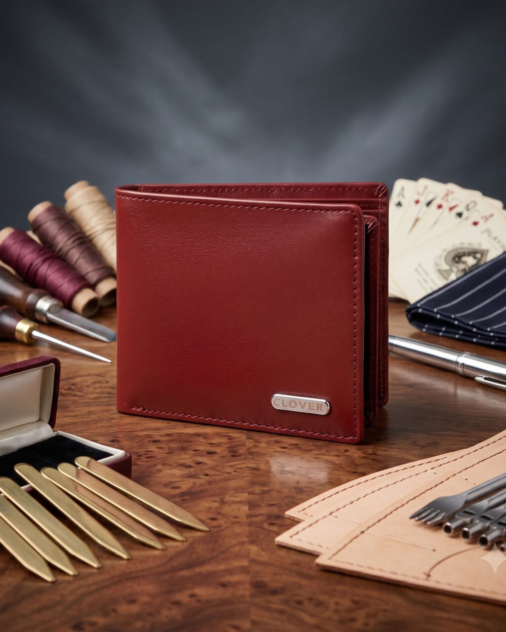 Men's Wallet, Full Grain Leather, Cherry, Bi-Fold, 7 Card Slots with Coin Pocket, RFID Protected | Clover