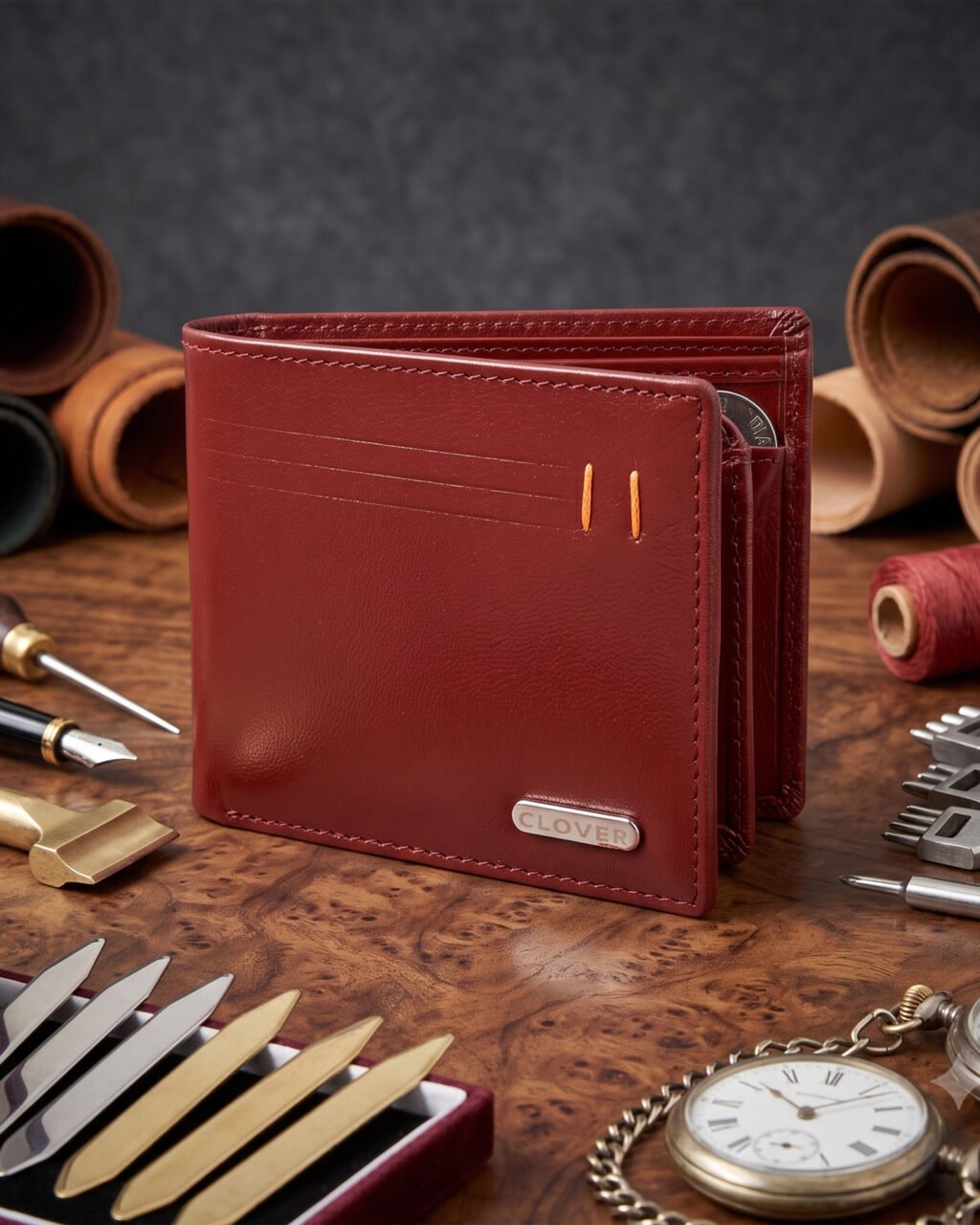 Men's Wallet, Full Grain Leather, Bi-Fold, 7 Card Slots with Coin Pocket, RFID Protected | Clover