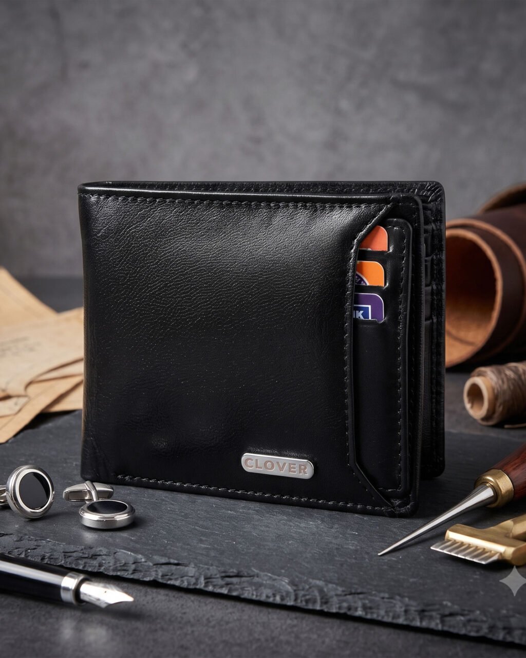 Men's Wallet, Full Grain Leather, Bi-Fold, 7 Card Slots with Coin Pocket, RFID Protected | Clover