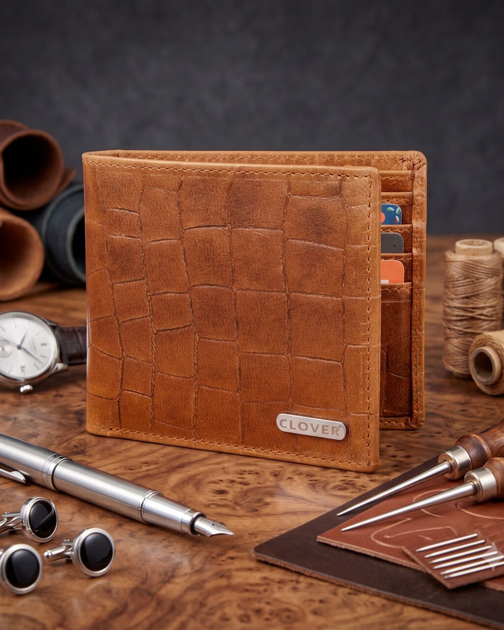 Men's Wallet, Full Grain Leather, Bi-Fold, 6 Card Slots, RFID Protected | Clover