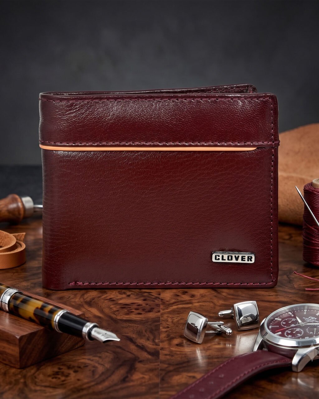 Men's Wallet, Full Grain Leather, Bi-Fold, 6 Card Slots with Coin Pocket, RFID Protected | Clover