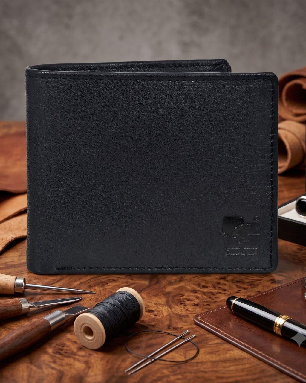 Men's Wallet in Full Grain Leather, Black, Bi-Fold, 3 Card Slots with Coin Pocket, RFID Protected | Clover