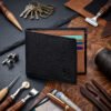 Men’s Wallet in Full Grain Leather, Black with Tan, Bi-Fold, 6 Card Slots, RFID Protected (Blocking) | Clover