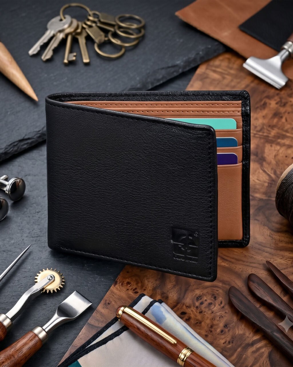 Men's Wallet in Full Grain Leather, Black with Tan, Bi-Fold, 6 Card Slots, RFID Protected (Blocking) | Clover