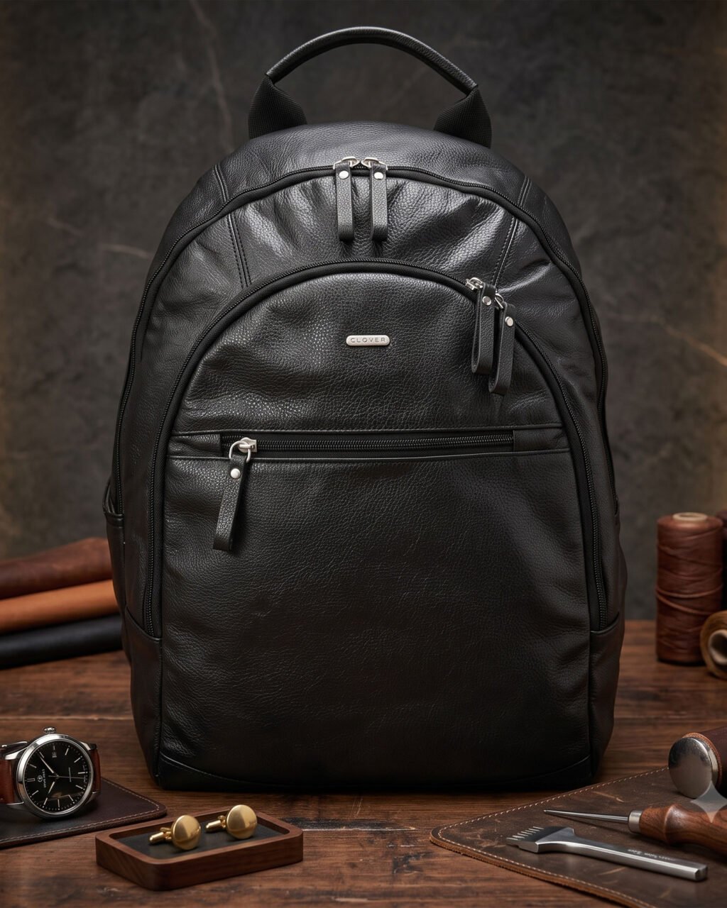 Premium Official Bagpack, Black, Full Grain Leather | Clover