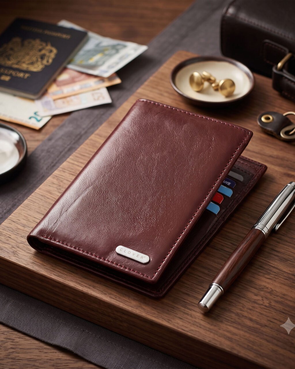 Men's Wallet, Full Grain Leather, Note Case, 10 Card Slots with 1 Zip Pocket, Passport Pocket, RFID Protected | Clover