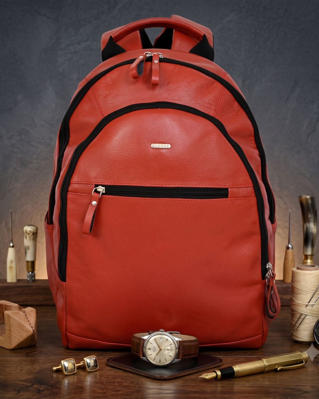 Premium Official Bagpack, Red, Full Grain Leather | Clover