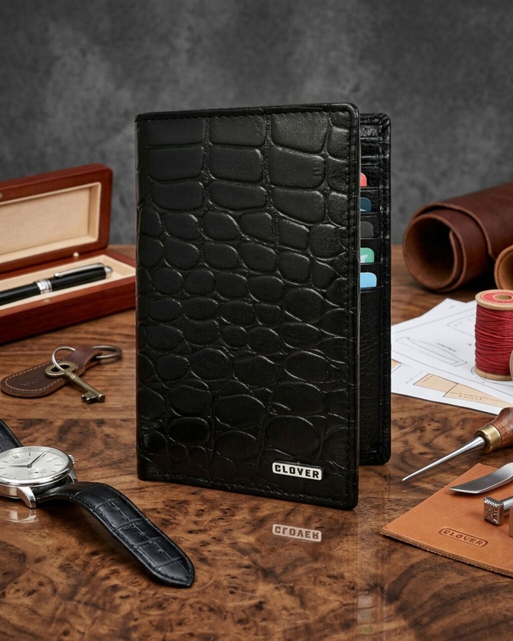 Men's Wallet, Full Grain Leather, Note Case, 10 Card Slots with 1 Zip Pocket, Passport Pocket, RFID Protected | Clover
