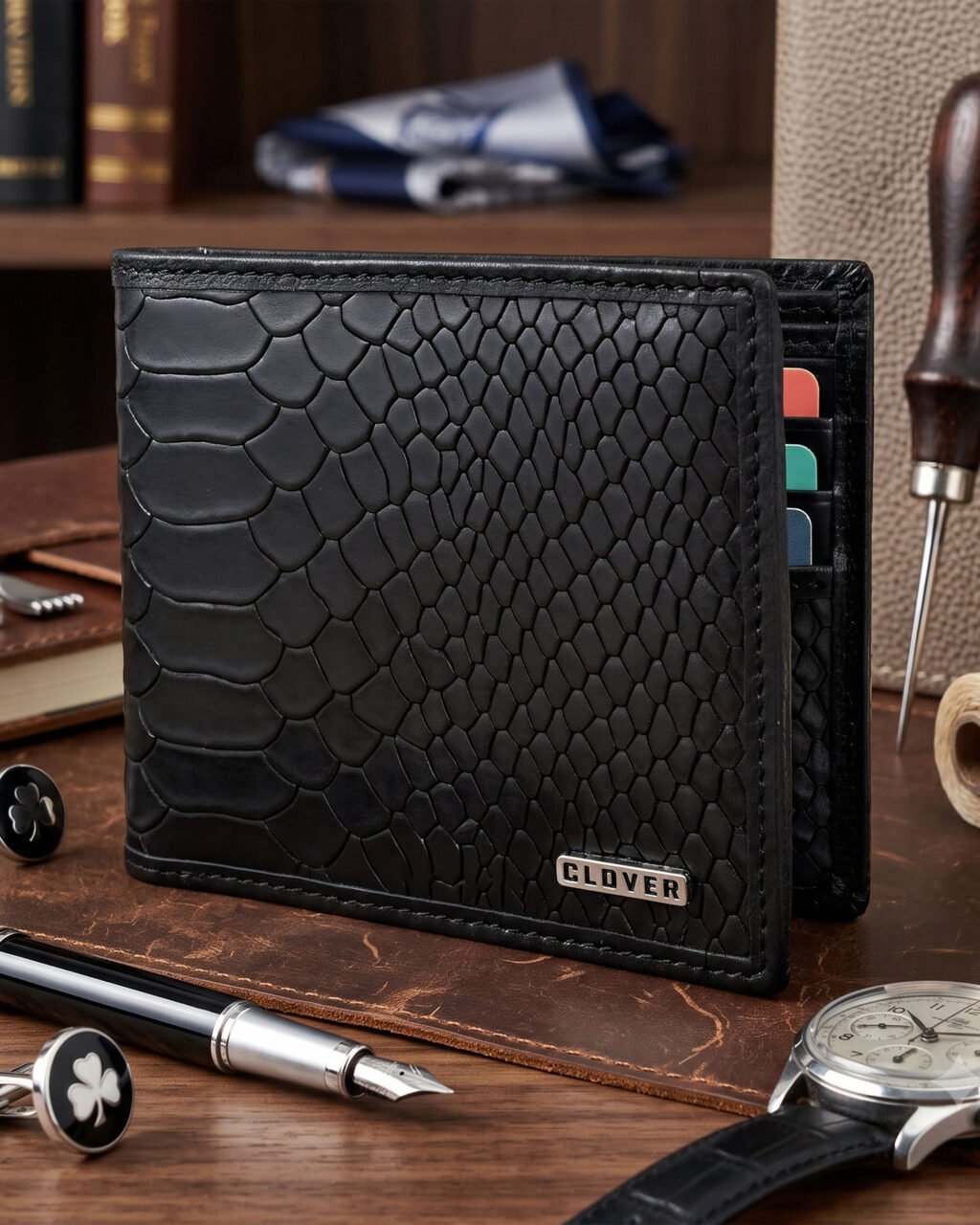 Men's Wallet, Full Grain Leather, Bi-Fold, 6 Card Slots, RFID Protected | Clover