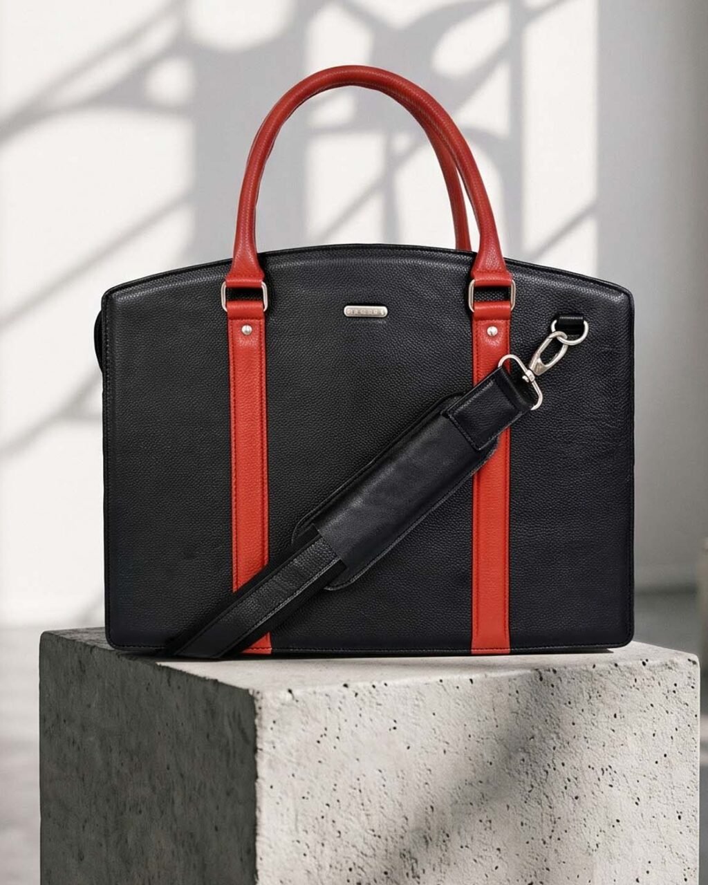 Oxford Premium Executive Laptop Bag, Black with Red, Full Grain Leather | Clover