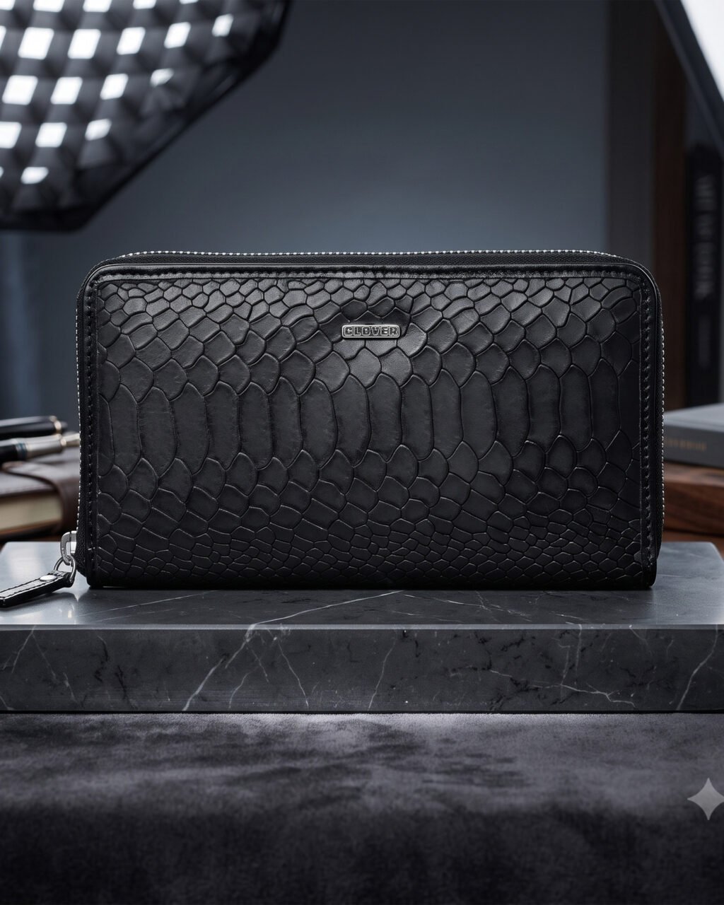 Fabrizia, Lizard Finish Black Ladies Clutch, Top Grain Leather, Multiple Card Slots with Coin Pocket, RFID Protected | Clover