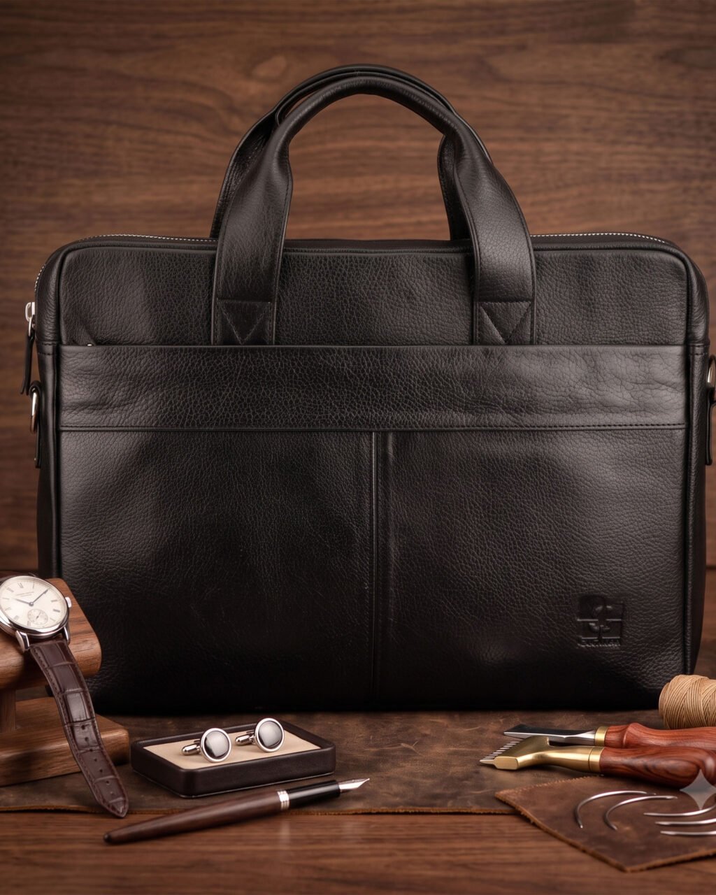 Premium Executive Laptop Bag, Black, Full Grain Leather | Clover