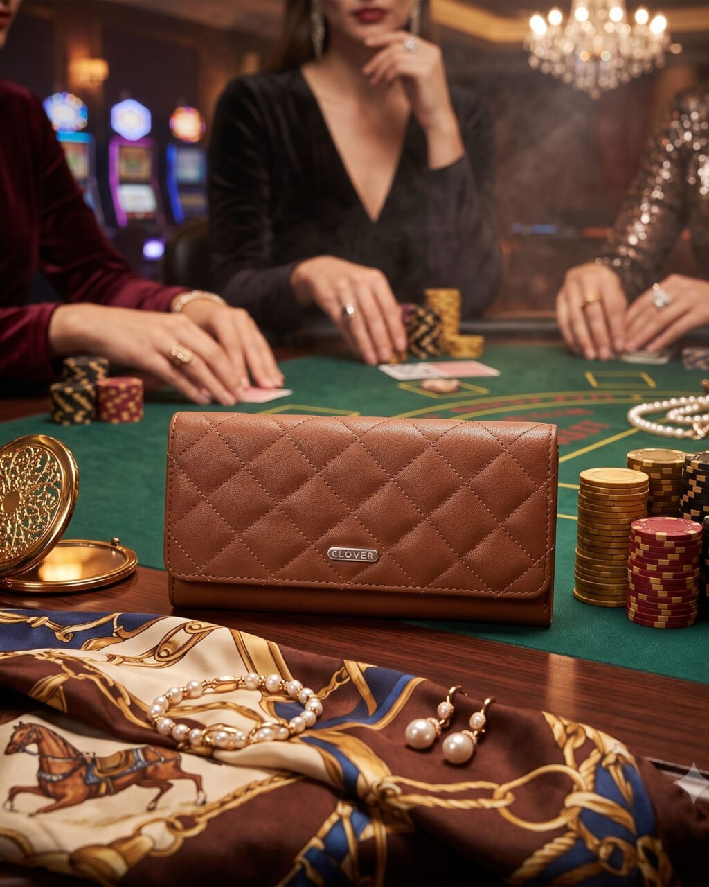 Bianca Quilted Ladies Clutch, Tan, Mild Top Grain Leather, Multiple Card Slots, RFID Protected | Clover