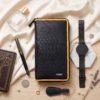 Fabrizia, Lizard Finish Black Ladies Clutch with Yellow Piping, Top Grain Leather, Multiple Card Slots with Coin Pocket, RFID Protected | Clover