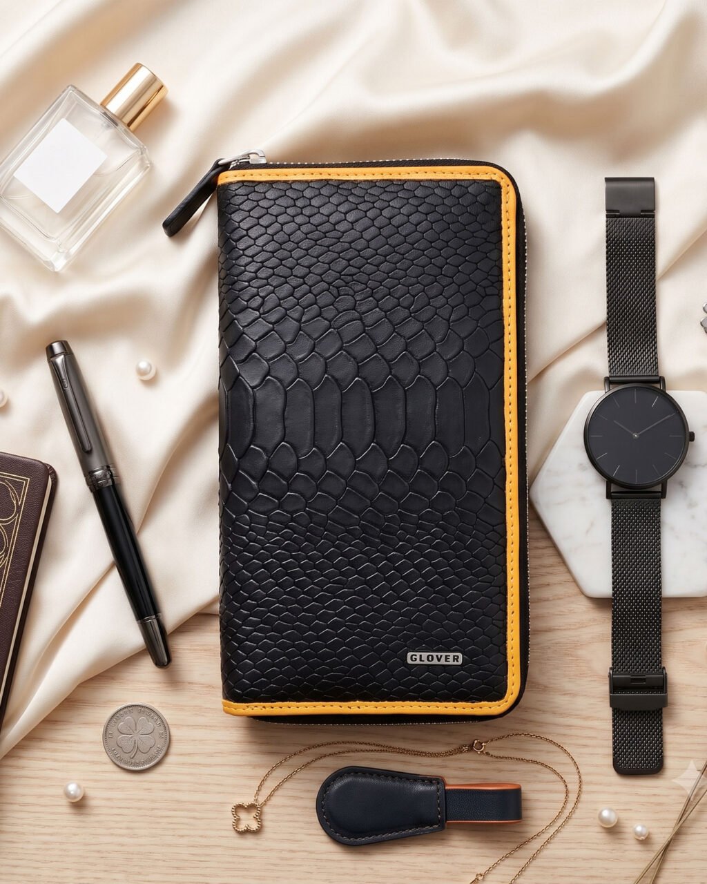 Fabrizia, Lizard Finish Black Ladies Clutch with Yellow Piping, Top Grain Leather, Multiple Card Slots with Coin Pocket, RFID Protected | Clover
