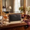 Fabrizia, Matt Finish Black Ladies Clutch with Tan Piping, Top Grain Leather, Multiple Card Slots with Coin Pocket, RFID Protected | Clover