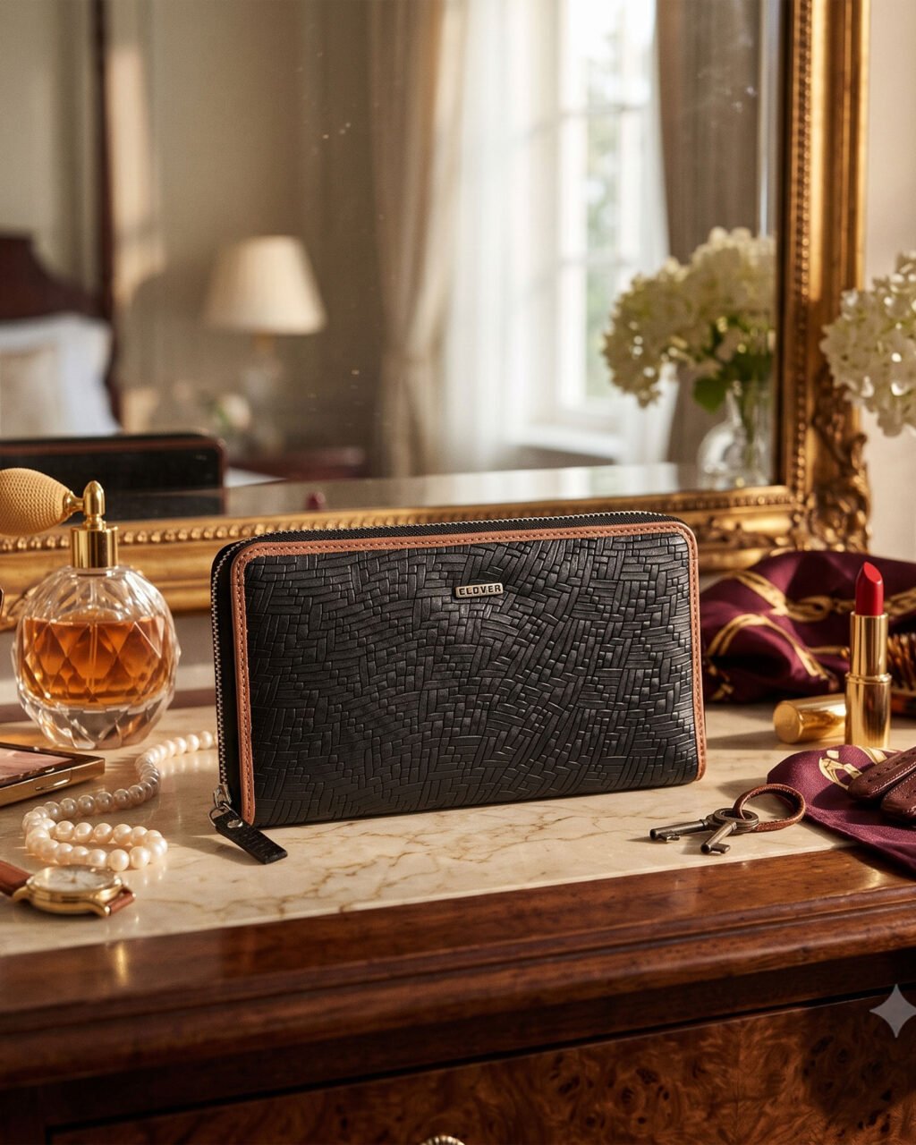 Fabrizia, Matt Finish Black Ladies Clutch with Tan Piping, Top Grain Leather, Multiple Card Slots with Coin Pocket, RFID Protected | Clover