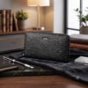 Fabrizia, Net Finish Black Ladies Clutch, Top Grain Leather, Multiple Card Slots with Coin Pocket, RFID Protected | Clover