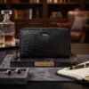 Fabrizia, Croco Finish Black Ladies Clutch, Top Grain Leather, Multiple Card Slots with Coin Pocket, RFID Protected | Clover