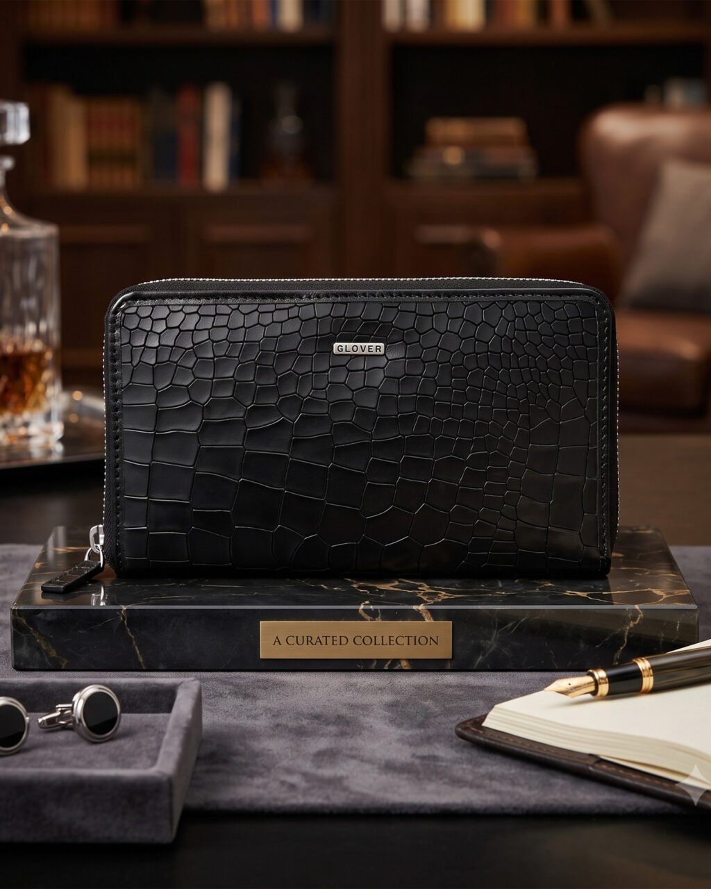 Fabrizia, Croco Finish Black Ladies Clutch, Top Grain Leather, Multiple Card Slots with Coin Pocket, RFID Protected | Clover