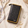 Fabrizia, Net Finish Black Ladies Clutch with Yellow Piping, Top Grain Leather, Multiple Card Slots with Coin Pocket, RFID Protected | Clover