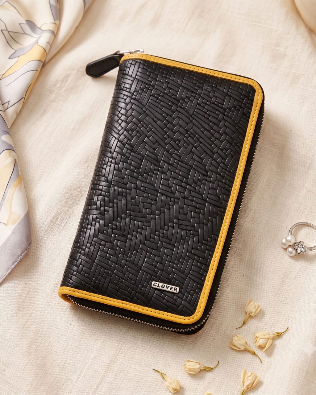 Fabrizia, Net Finish Black Ladies Clutch with Yellow Piping, Top Grain Leather, Multiple Card Slots with Coin Pocket, RFID Protected | Clover