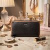 Fabrizia, Lizard Finish Black Ladies Clutch with Tan Piping, Top Grain Leather, Multiple Card Slots with Coin Pocket, RFID Protected | Clover