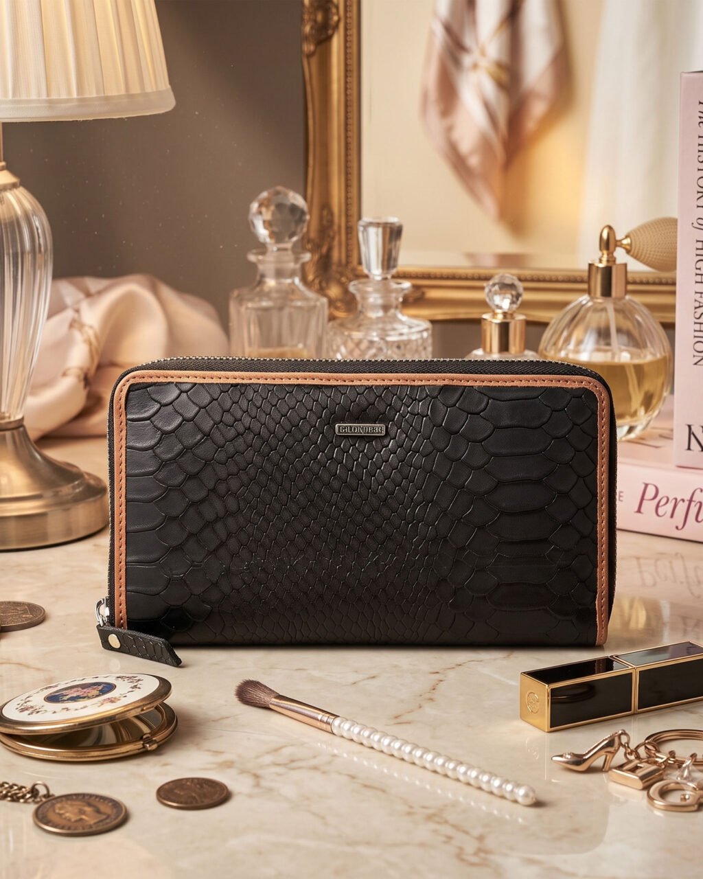 Fabrizia, Lizard Finish Black Ladies Clutch with Tan Piping, Top Grain Leather, Multiple Card Slots with Coin Pocket, RFID Protected | Clover
