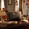 Fabrizia, Croco Finish Black Ladies Clutch with Tan Piping, Top Grain Leather, Multiple Card Slots with Coin Pocket, RFID Protected | Clover