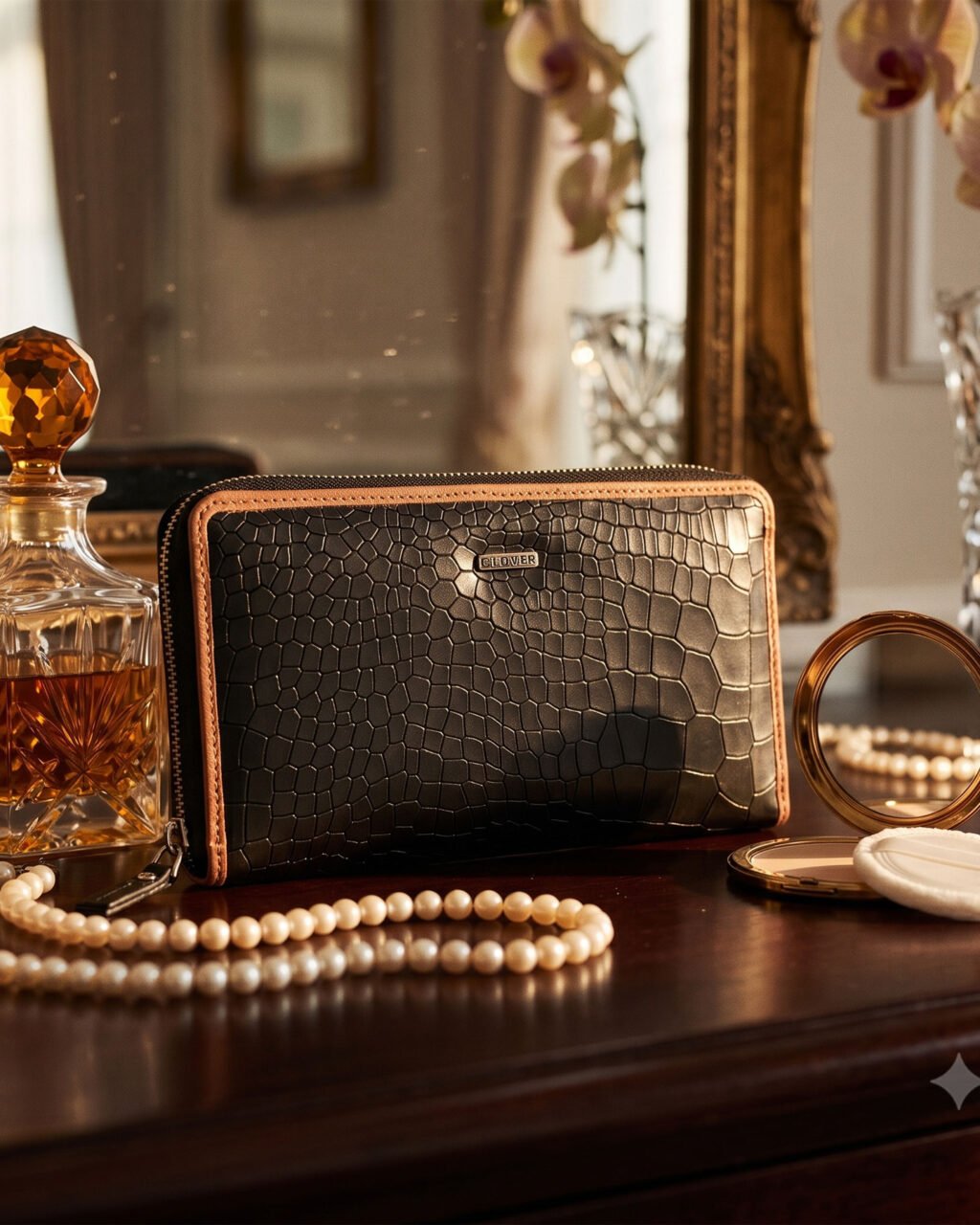 Fabrizia, Croco Finish Black Ladies Clutch with Tan Piping, Top Grain Leather, Multiple Card Slots with Coin Pocket, RFID Protected | Clover