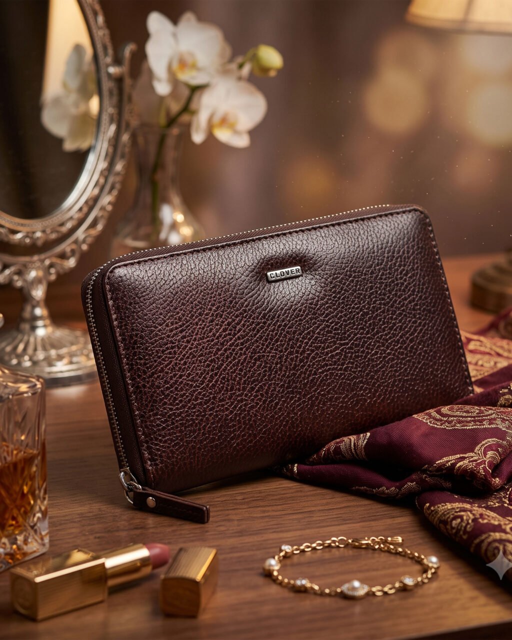 Marcella Ladies Clutch, Brown Twotone, Full Grain Leather, Multiple Card Slots with Coin Pocket, RFID Protected | Clover