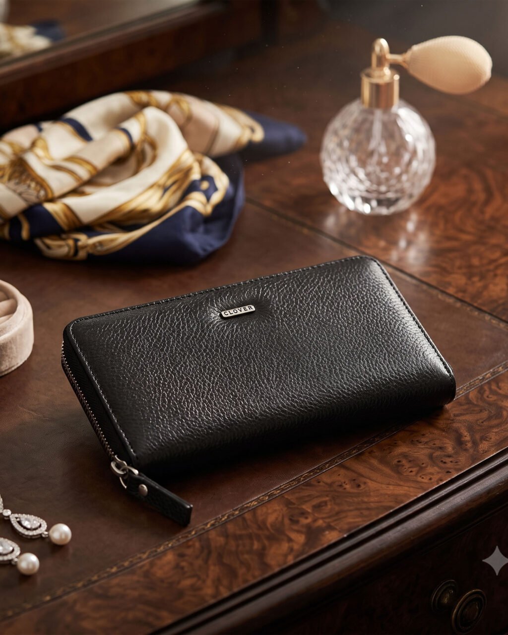 Marcella Ladies Clutch, Black, Full Grain Leather, Multiple Card Slots with Coin Pocket, RFID Protected | Clover