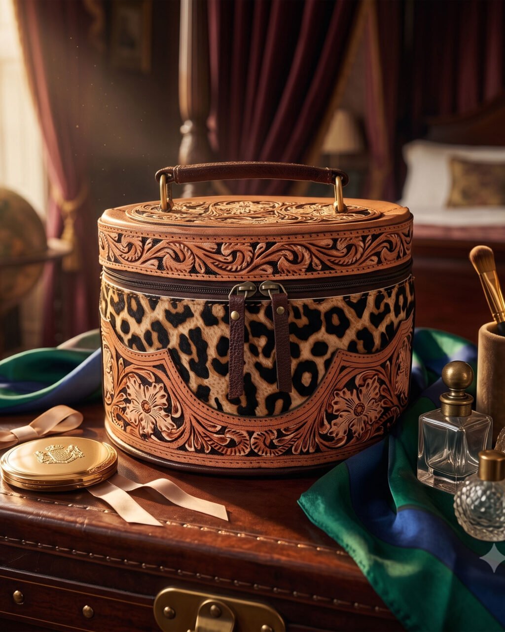 Premium Hand-Tooled Full Grain Leather Makeup Organizer Box with Hair-On Leather