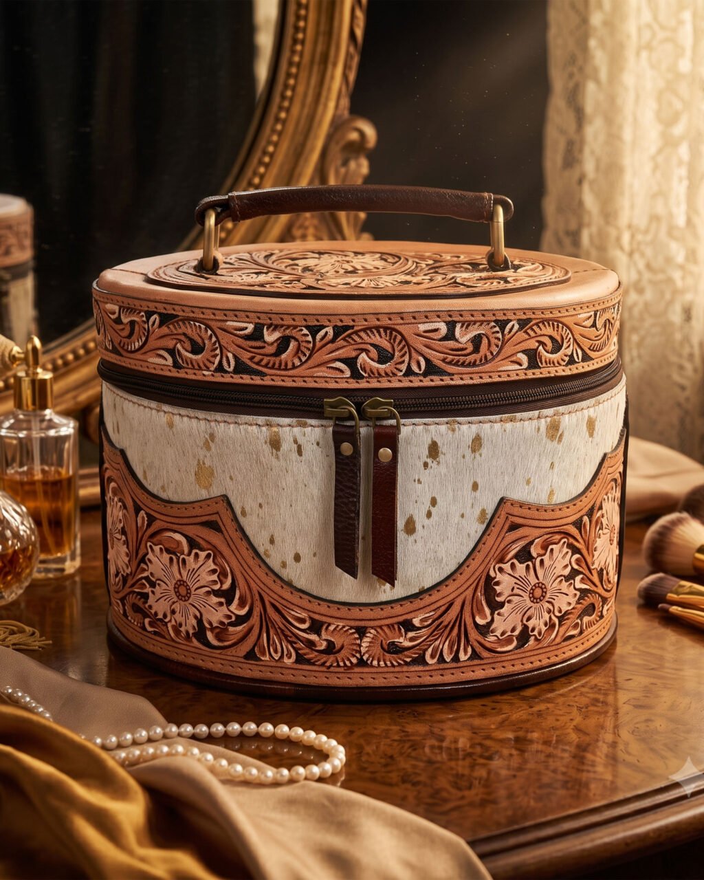 Premium Hair-on Gold Spotted Print Makeup Organizer Box With Hand-Tooling