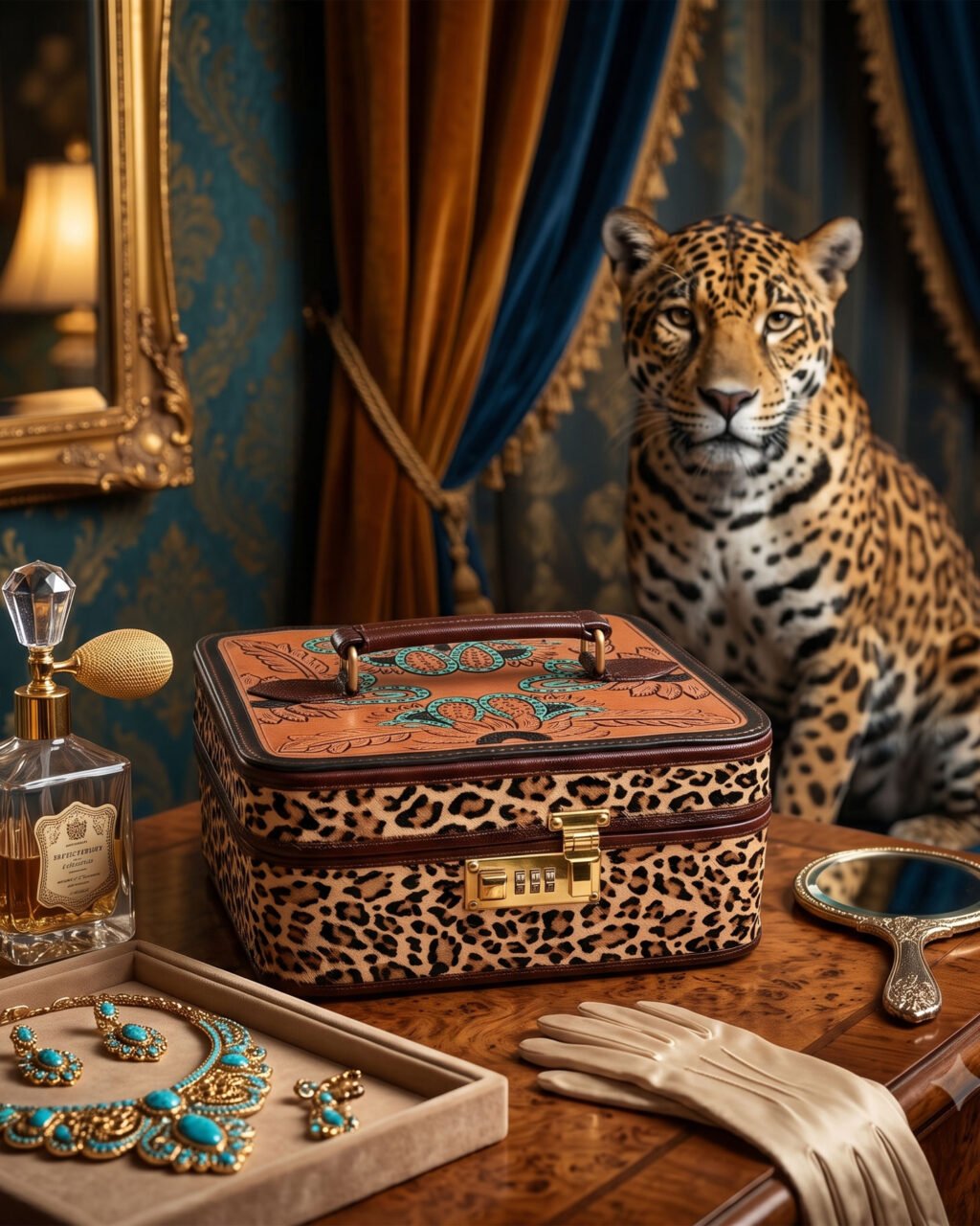 Signature Hand-Tooled Full-Grain Leather & Leopard Print Hair-On Hide Western Jewelry Box with Lock