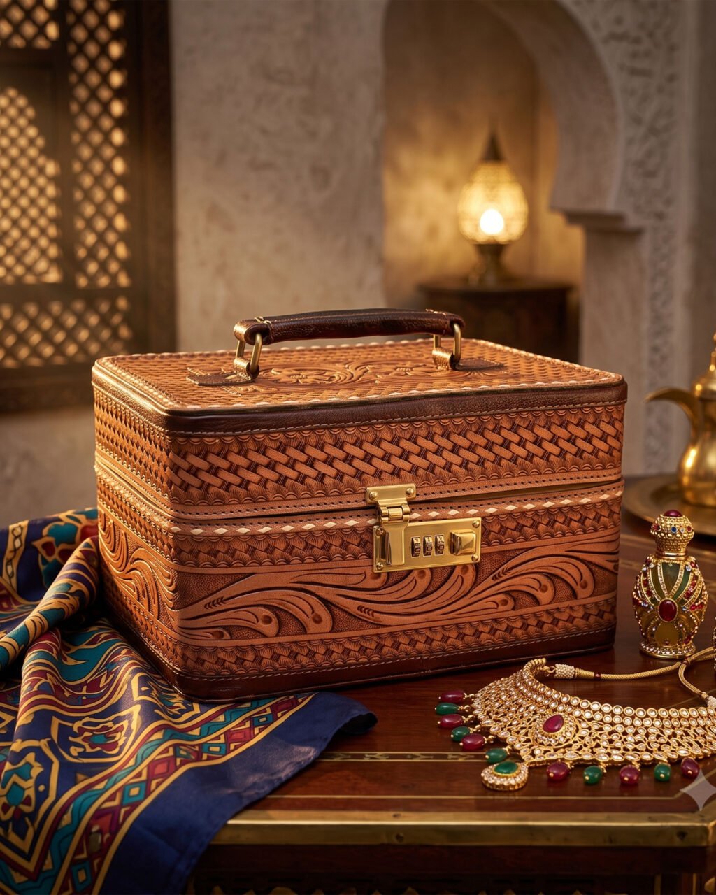 Premium Hand-Tooled Full-Grain Leather Western Luxury Jewelry Box with Combination Lock
