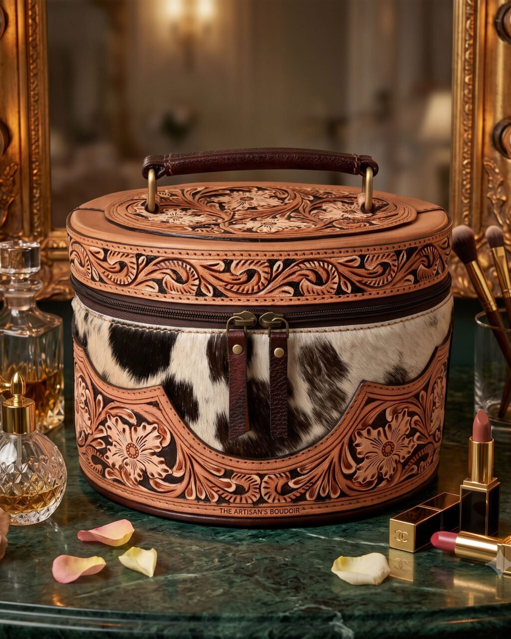 Premium Hand-Tooled  Full Grain Leather Makeup Organizer Box With Hair-On Leather