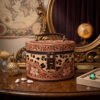 Premium Hand-Tooled Full Grain Leather Round Cosmetic Box with Hair-On Leather