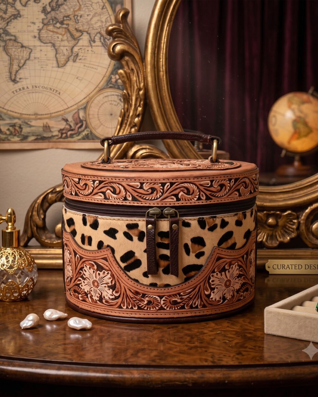 Premium Hand-Tooled Full Grain Leather Round Cosmetic Box with Hair-On Leather