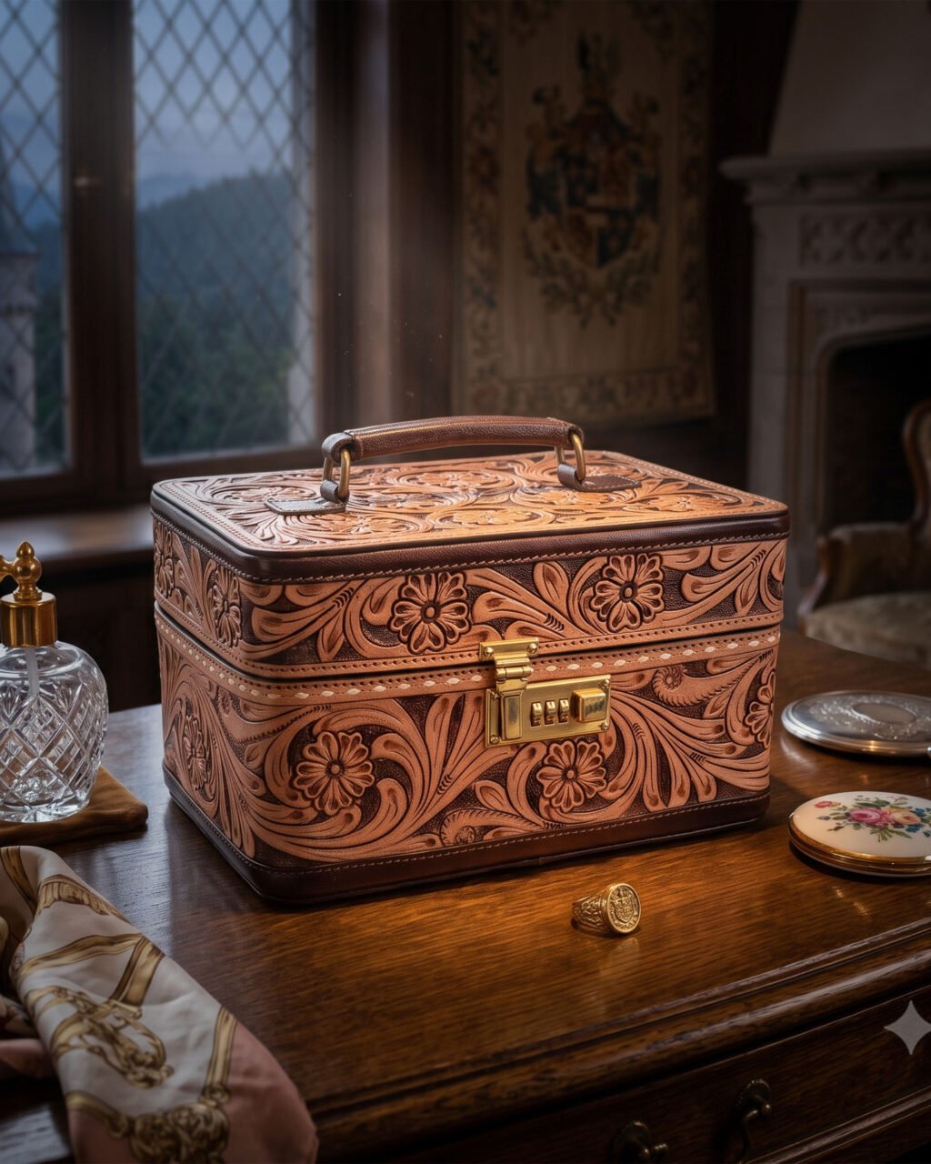 Premium Hand-Crafted Full-Grain Leather Two-Tone Floral Western Jewelry Organizer with Combination Lock & Removable Tray