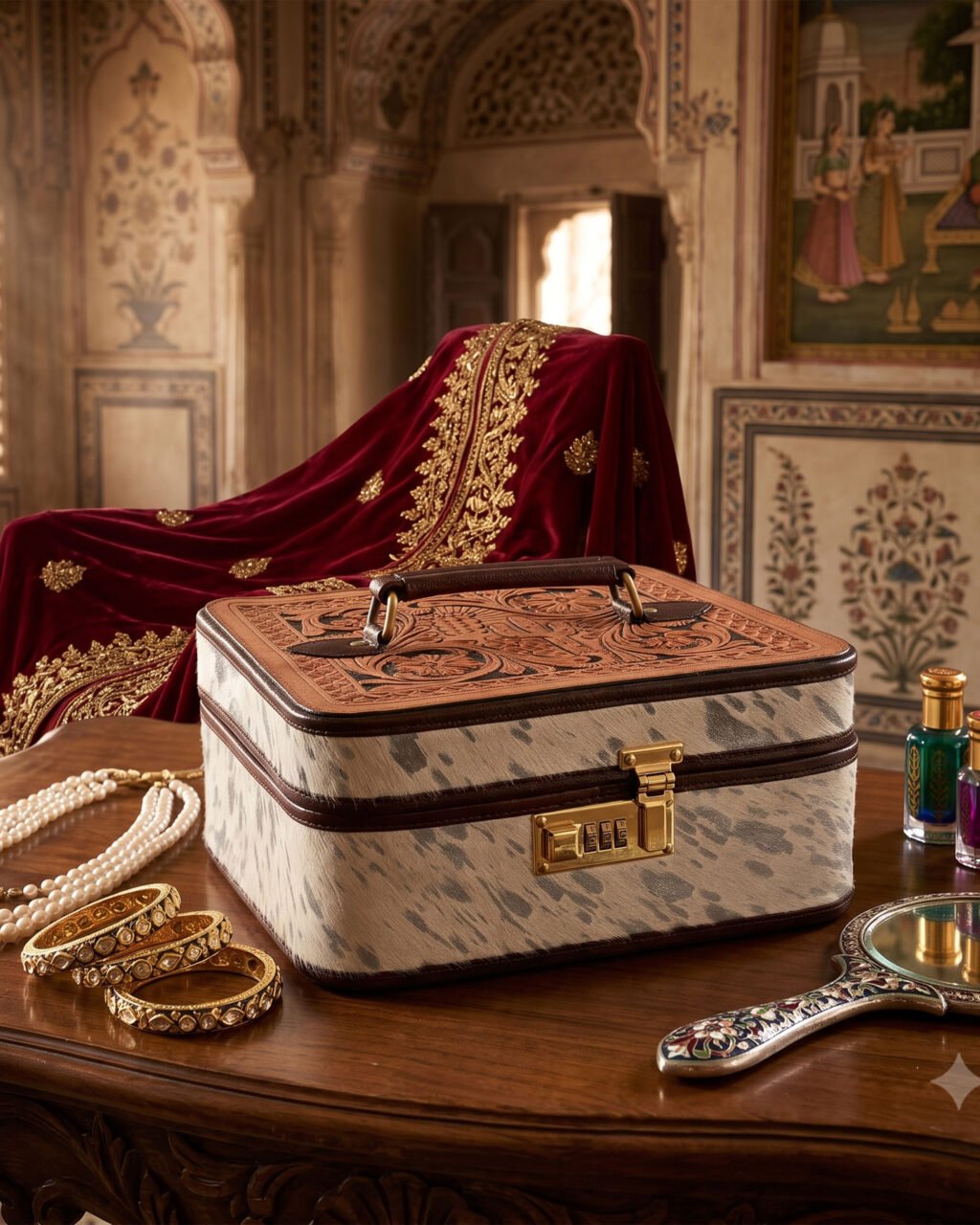 Signature Hand-Crafted Full-Grain Leather & Speckled White Hair-On Hide Western Jewelry Box with Lock