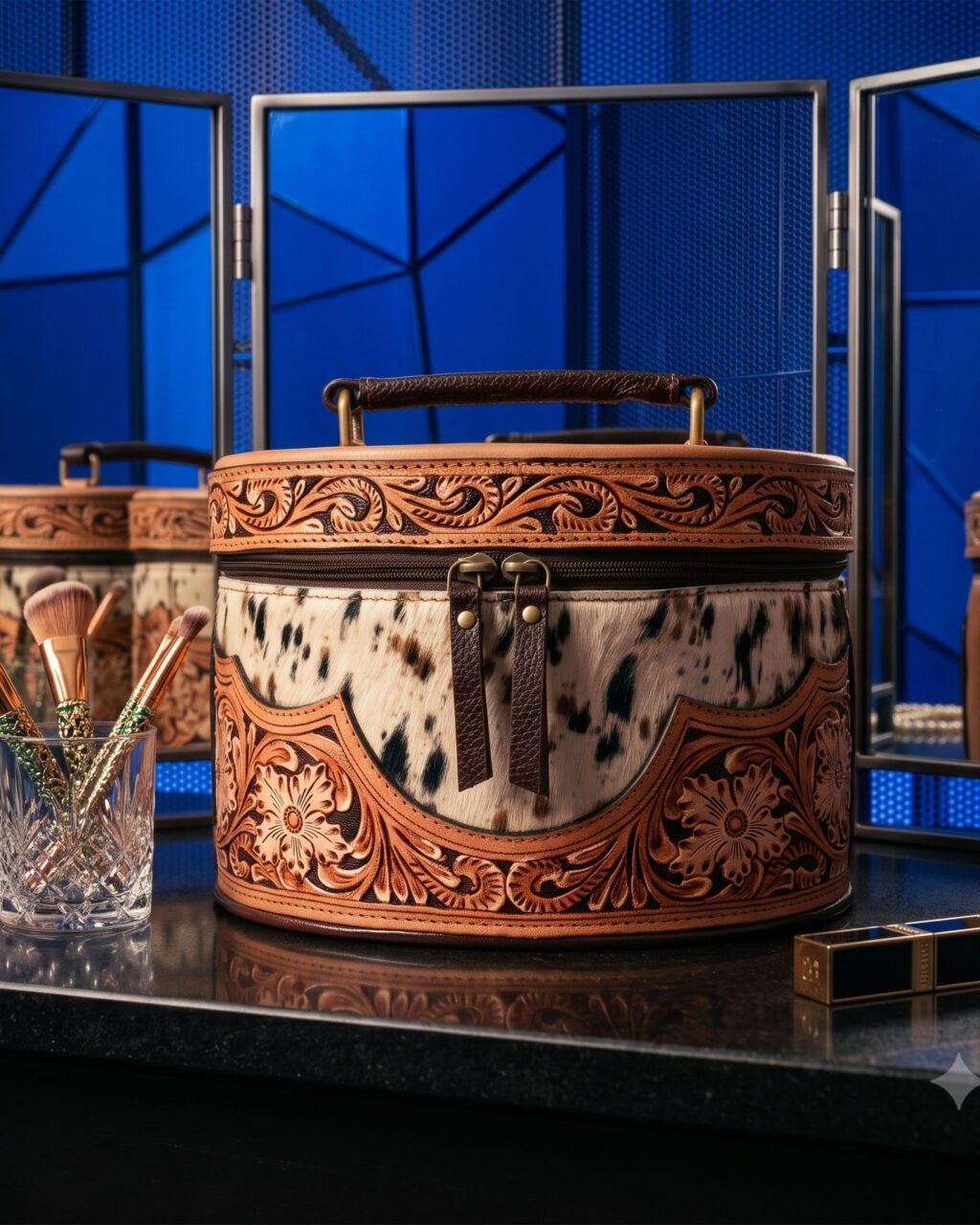 Premium Hand-Tooled  Full Grain Leather Makeup Organizer Box With Hair-On Leather