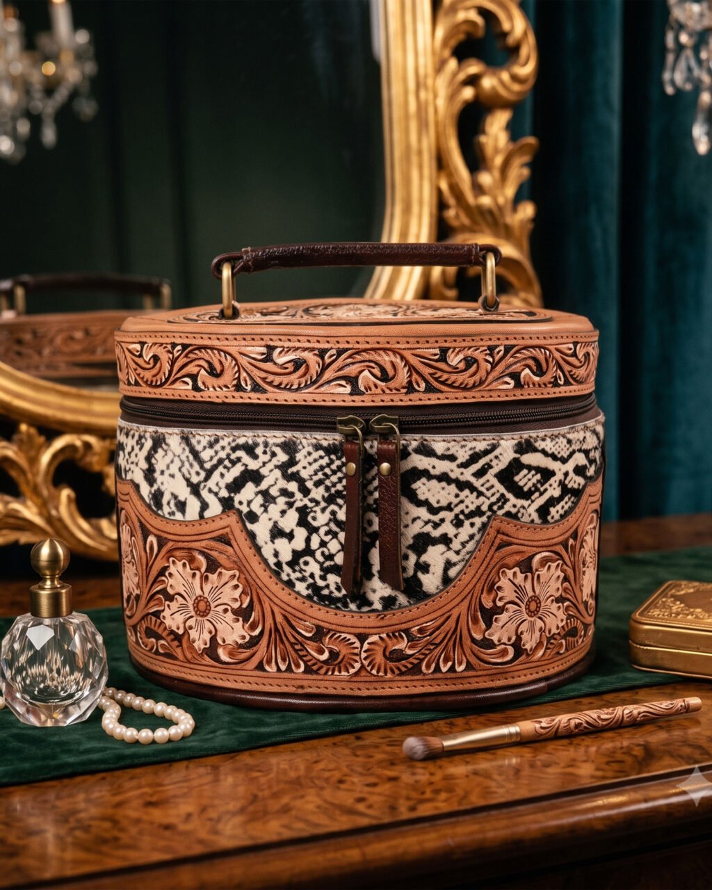 Premium Hand-Tooled  Full Grain Leather Makeup Organizer Box With Hair-On Leather