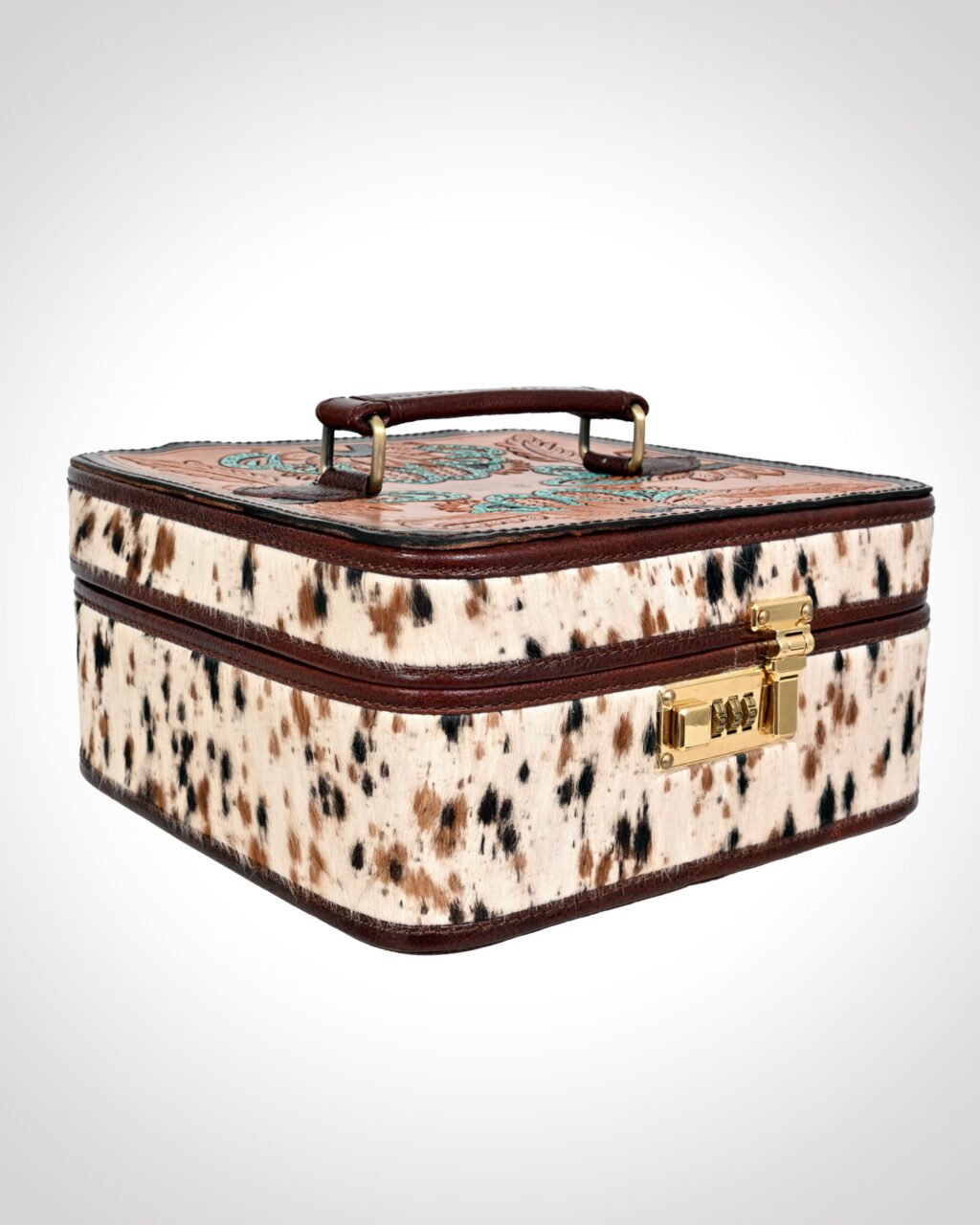 Signature Hand-Tooled Full-Grain Leather & Salt-and-Pepper Hair-On Hide Western Jewelry Box with Combination Lock