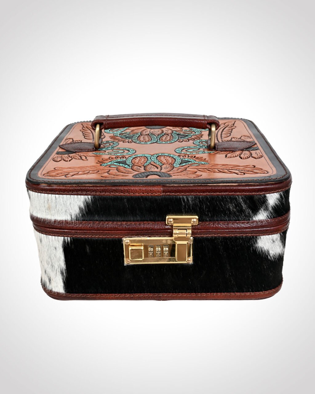 Signature Hand-Tooled Full-Grain Leather & Black-and-White Hair-On Hide Western Jewelry Box with Combination Lock