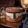 Premium Hand-Tooled Full Grain Leather Round Cosmetic Box with Hair-On Leather